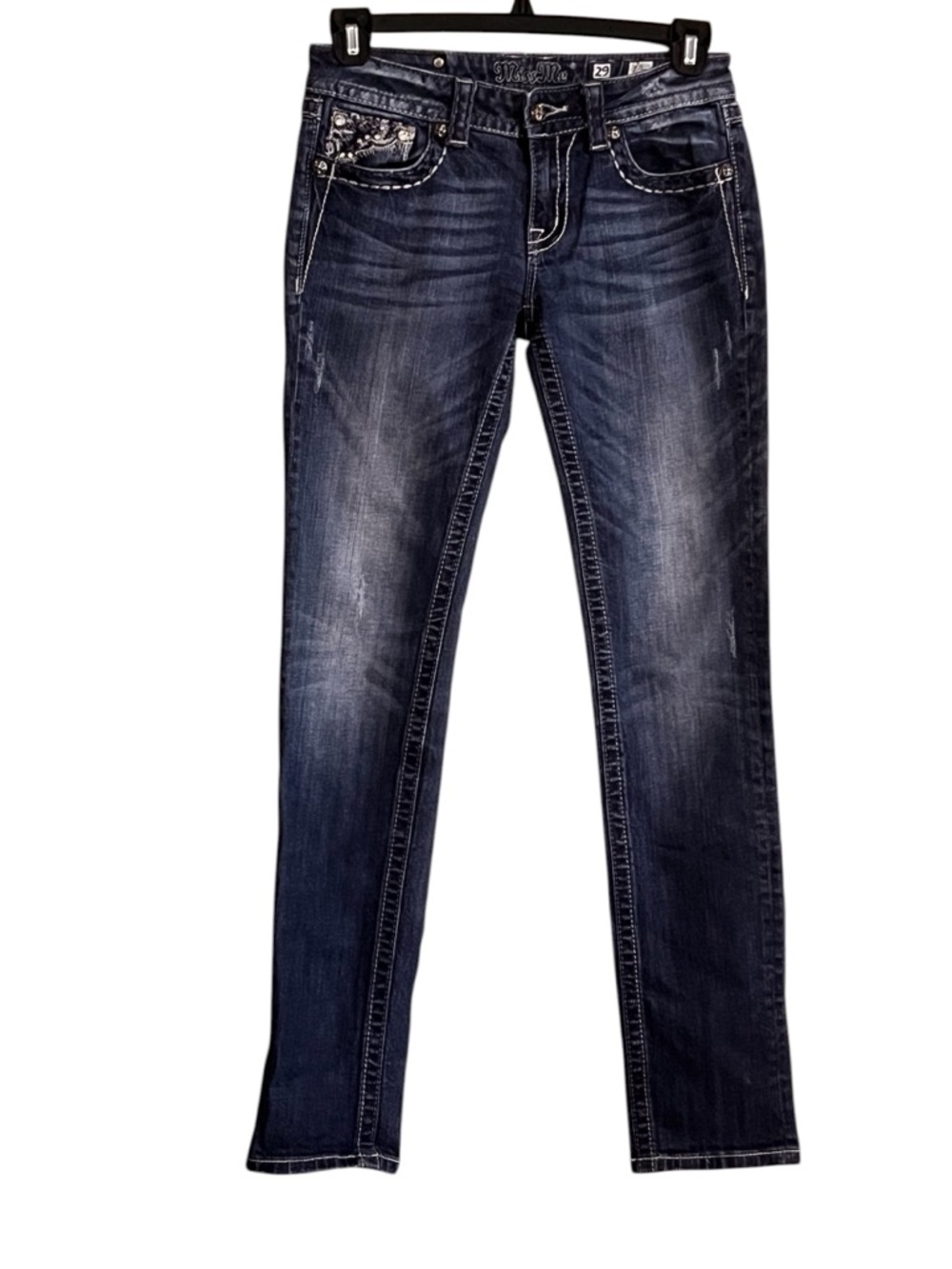 Miss Me Skinny Jeans JE5365SL Sz 29 Women's Whiskered Pockets Embellished Blue